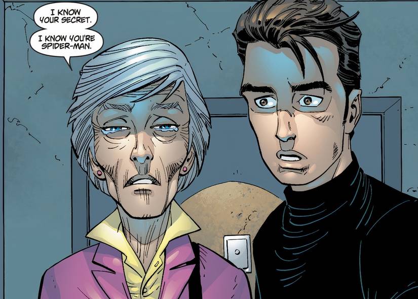Comic book panel: Aunt May confronting Peter Parker after learning he's Spider-Man.