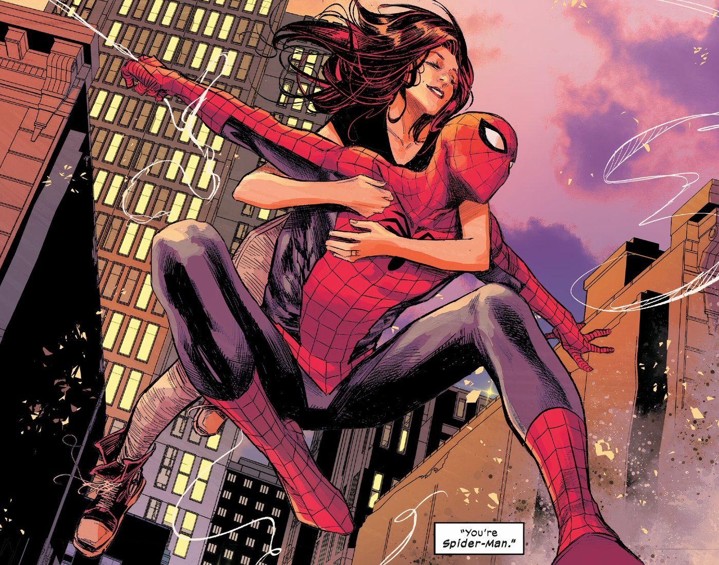 Homem-Aranha passeando por Nova York com Mary Jane.