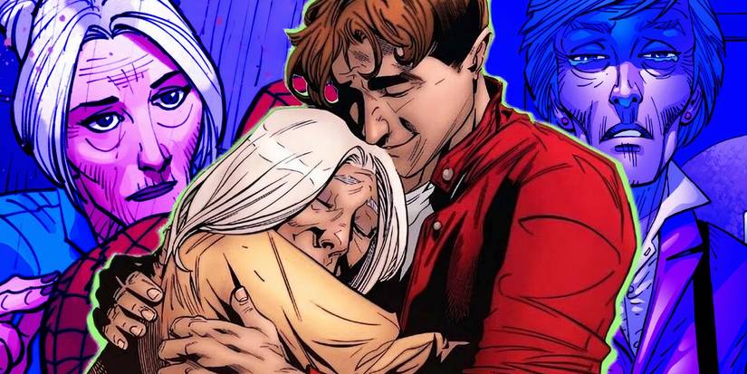 Comic book art: Aunt May hugging Peter Parker aka Spider-Man.