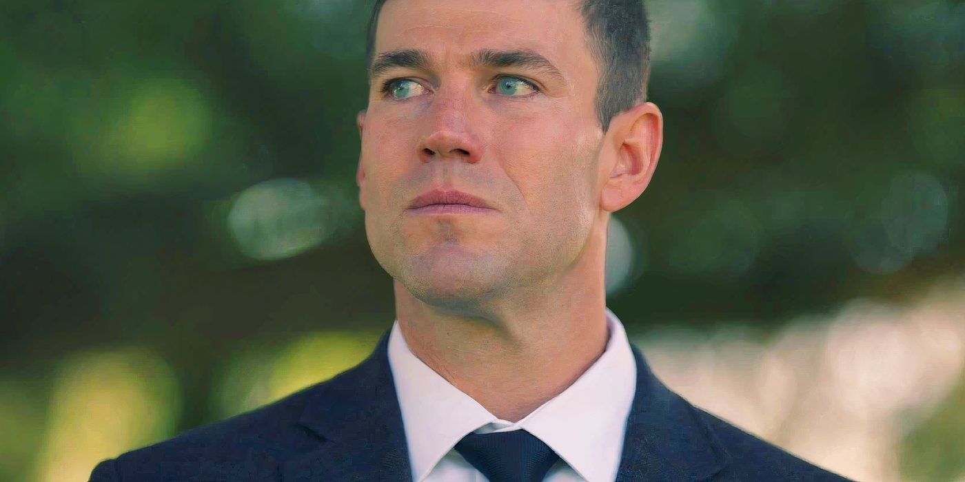 Austin Stowell as Gibbs wearing a suit and looking forlorn in NCIS Origins