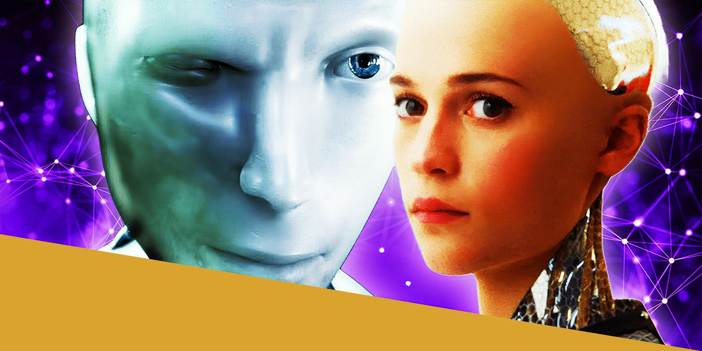 Ava looking emotionlessly in Ex Machina and Sonny the robot smiling in I, Robot