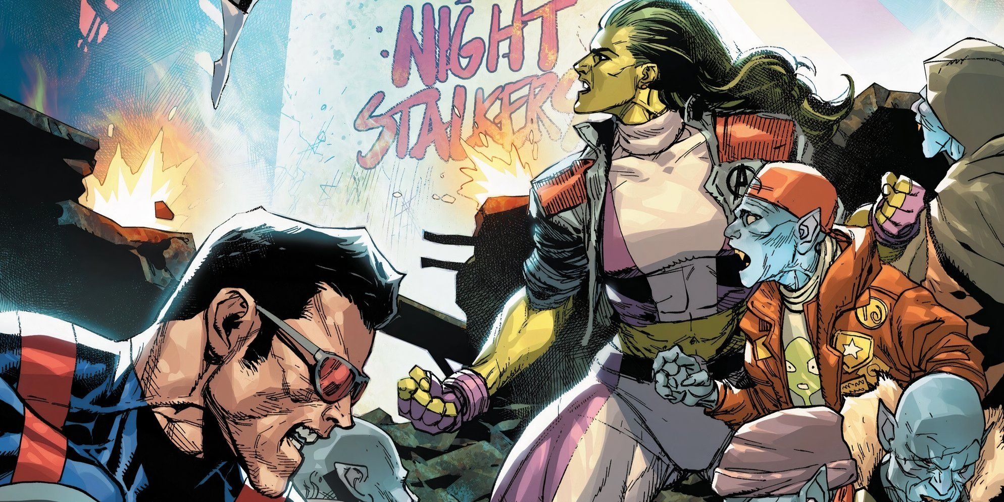 Arte em quadrinhos: She-Hulk e Wonder Man lutam ao lado de vampiros.