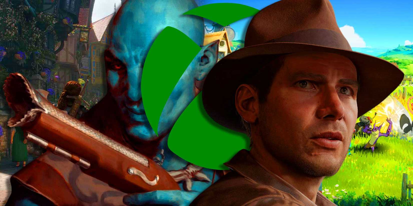 Kai from Avowed holding a pistol with the Xbox logo over him and Indiana Jones next to him.