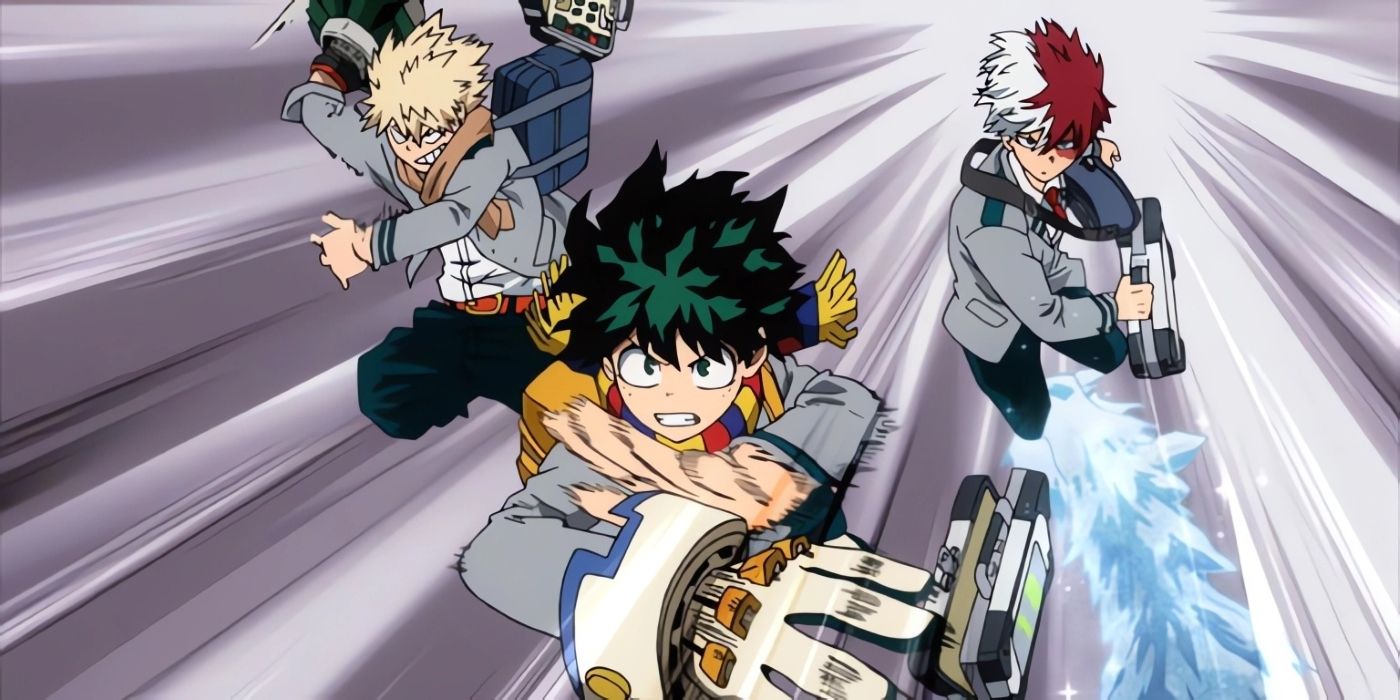 Bakugo, Deku y Shoto mientras entrenan con Endeavor. 