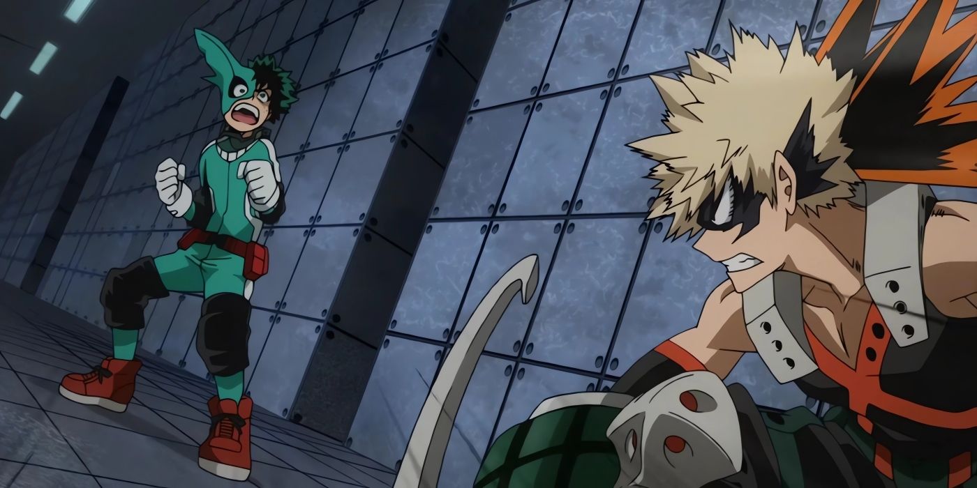 Bakugo fights Deku during their first hero training class.