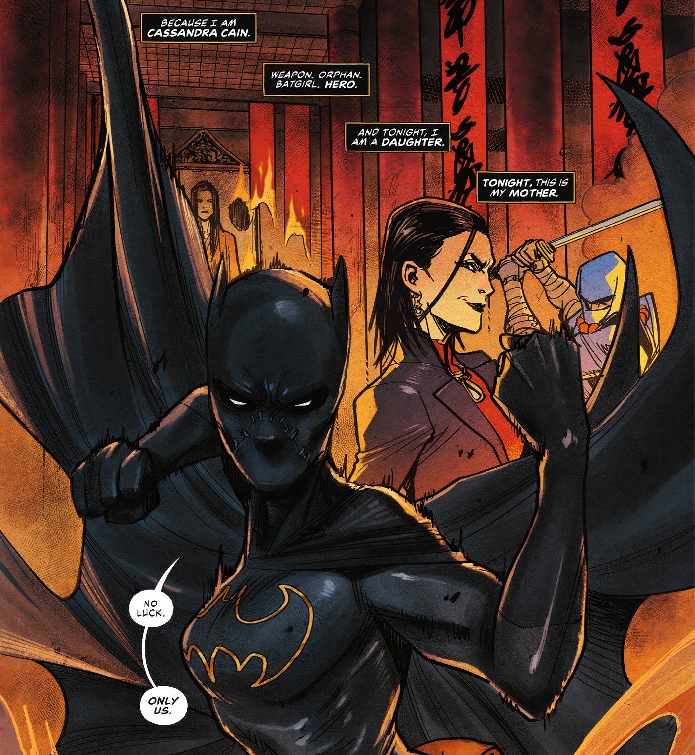 Painel de quadrinhos: Cassandra Cain luta ao lado de Lady Shiva.