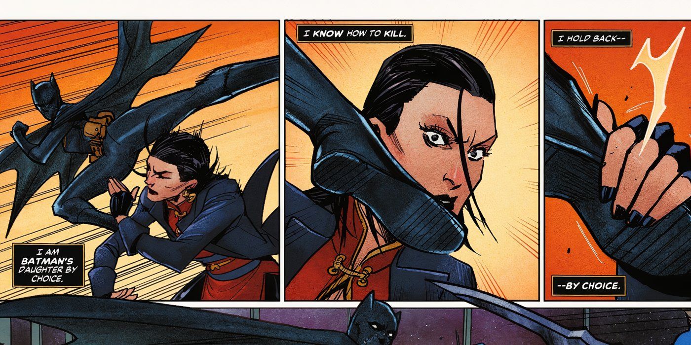 Painéis de quadrinhos: Cassandra Cain luta contra Lady Shiva e se declara filha do Batman por opção.