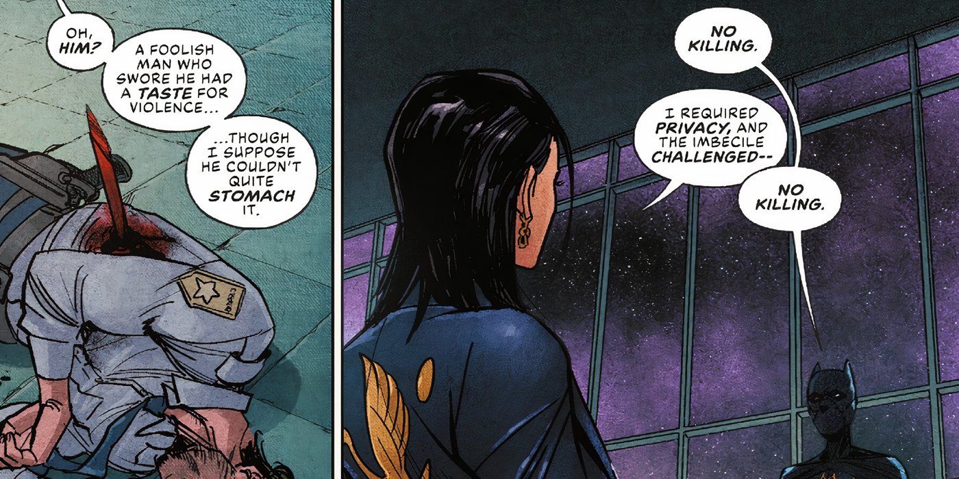 Painéis de quadrinhos: Depois que Lady Shiva mata um guarda, Batgirl diz a ela “não matar”.