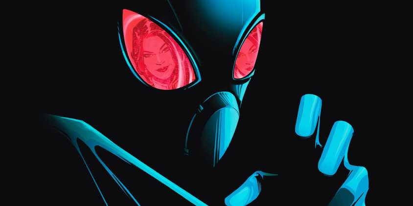 Comic book art: Batgirl Cassandra Cain looks at the reader with red eyes in her mask.