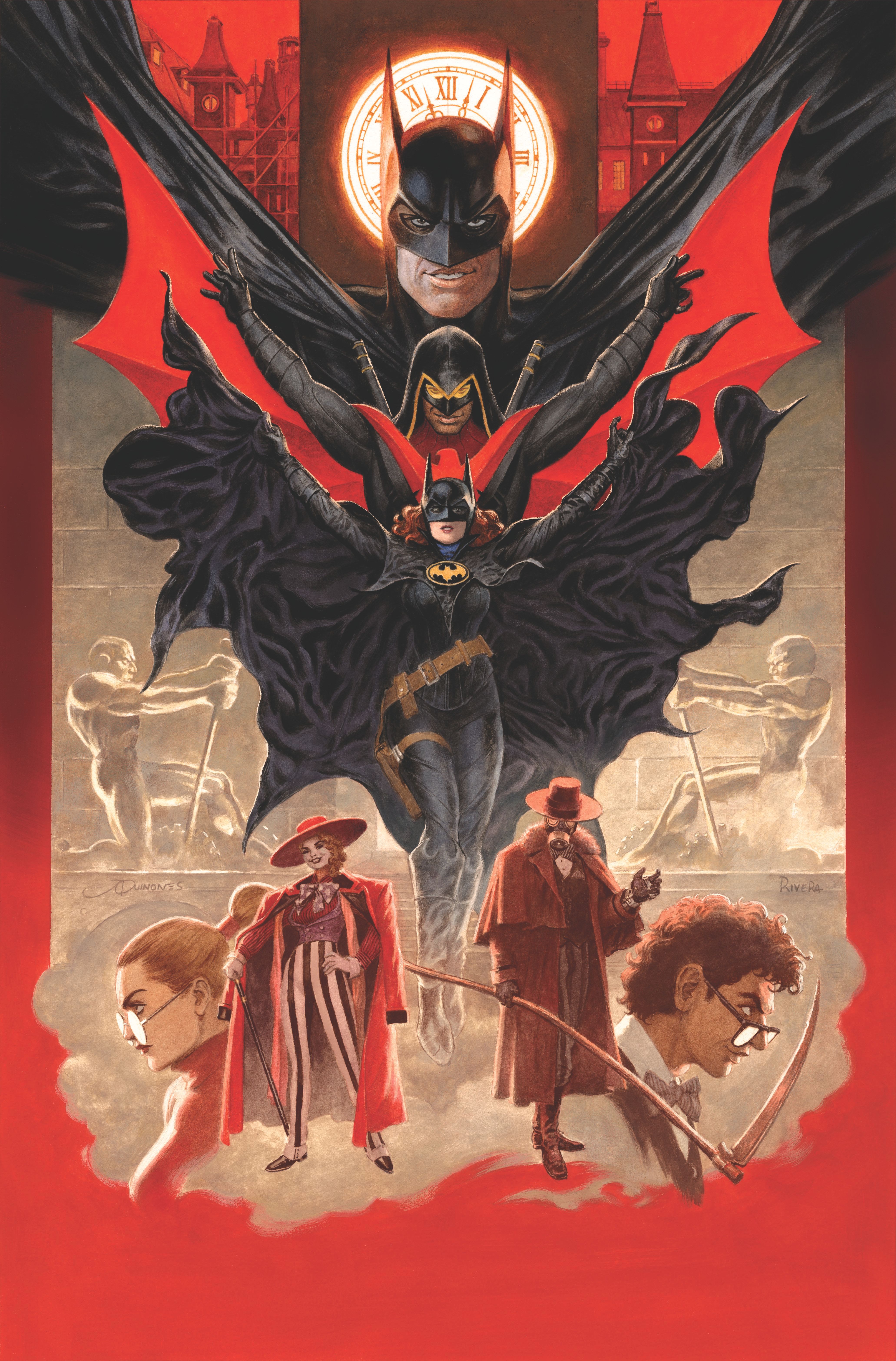 Batman '89: Echoes # 6 Capa de Joe Quinones e Paulo Rivera Keatonverse Batman, Asa Noturna e Batgirl sobrevoam os vilões