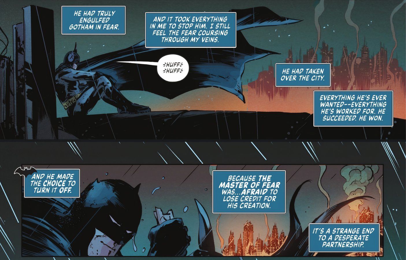 Comic book panels: Batman Admits That Scarecrow Defeated Him