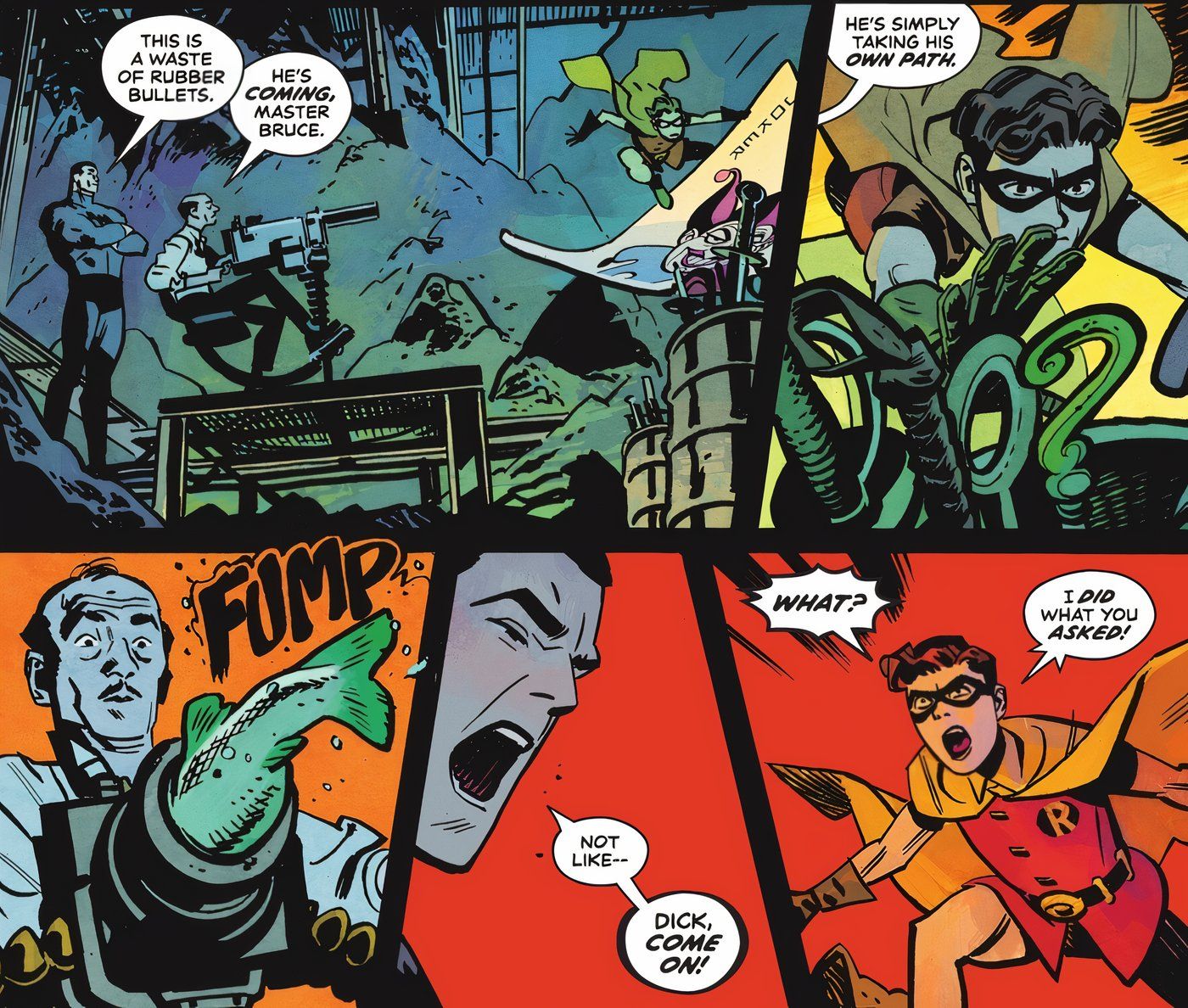 En Batman and Robin Year One #2, Robin entrena mientras Bruce desaprueba sus métodos.