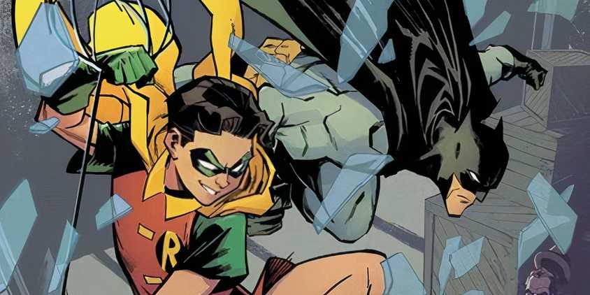 Comic book art: Batman and Robin leaping through a broken window.