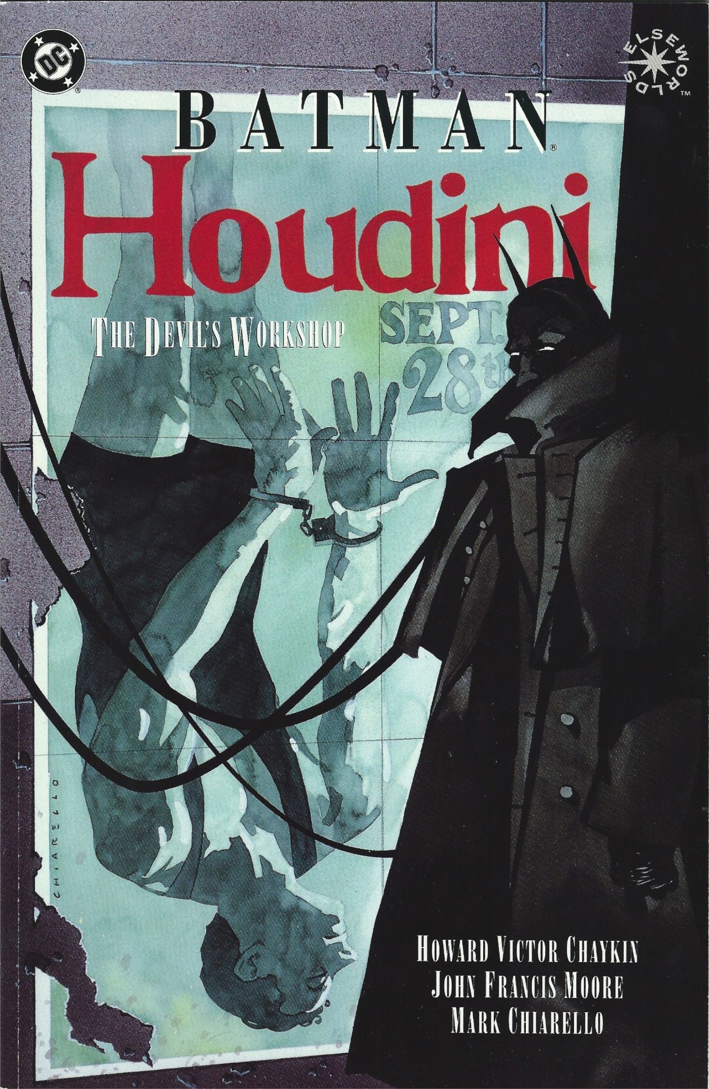 Capa de quadrinhos: Batman com casaco vitoriano olha para um pôster de Houdini.