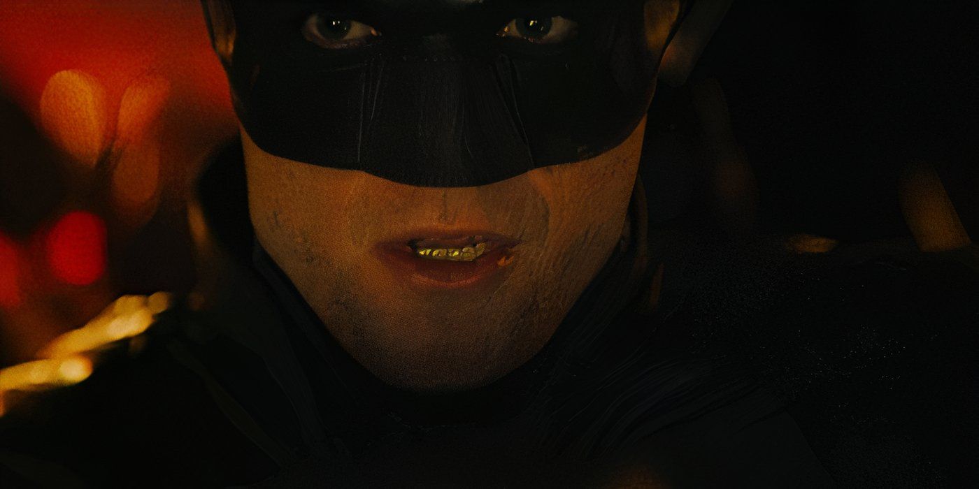 Batman looking ahead with his mouth open in The Batman