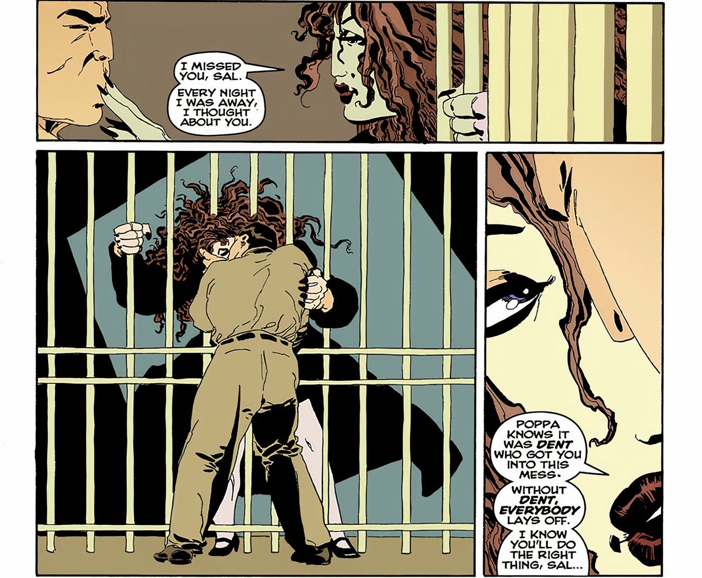 Comic book panels: Batman's Sofia Falcone kisses Salvatore Maroni through prison bars. 