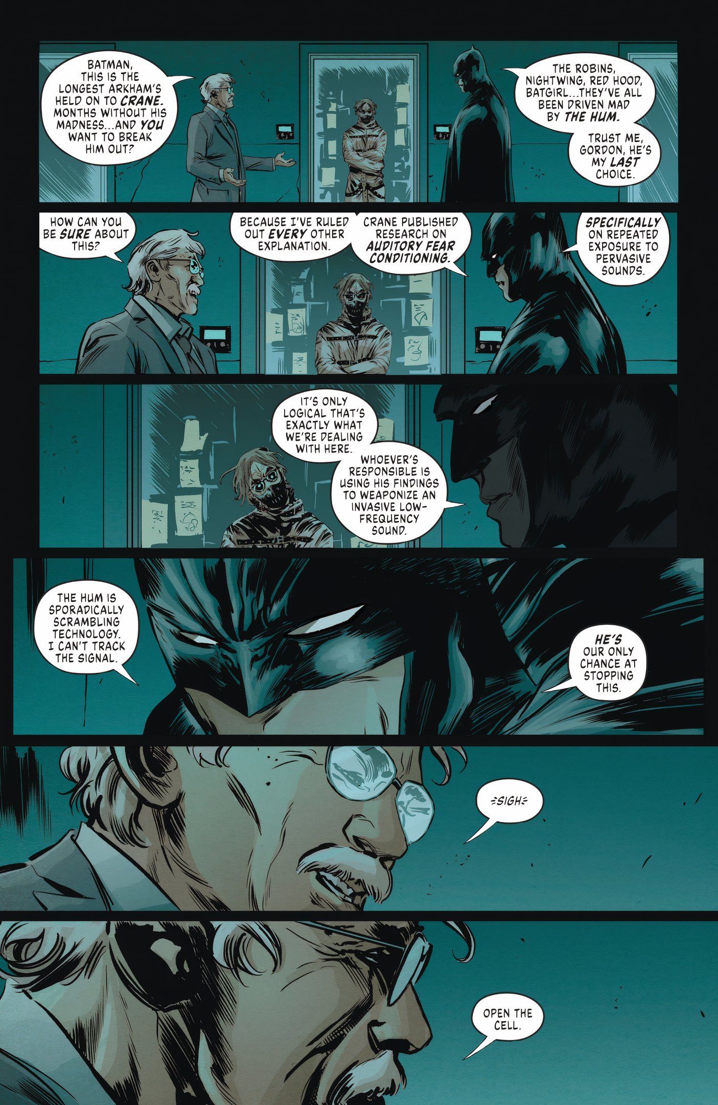 Página de quadrinhos: Batman se une ao Espantalho com a ajuda de Jim Gordon.