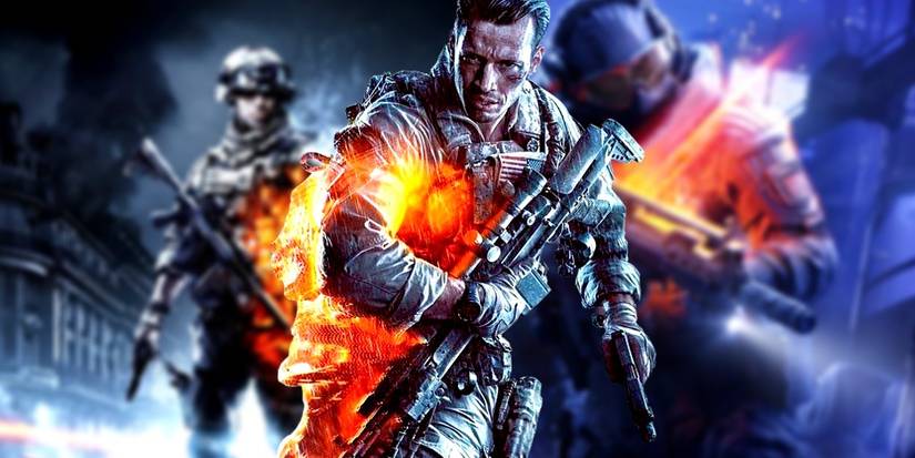 Battlefield character running in front of two screenshots from the previous games