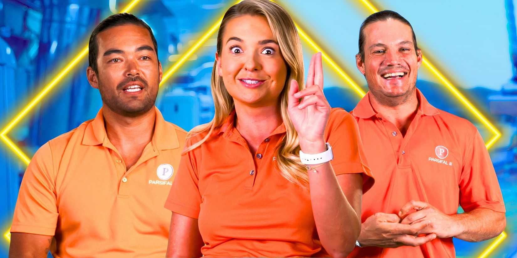 Below Deck Sailing Yacht Season 5's Daisy Kelliher, Gary King, and Colin Macrae looking happy with colorful background