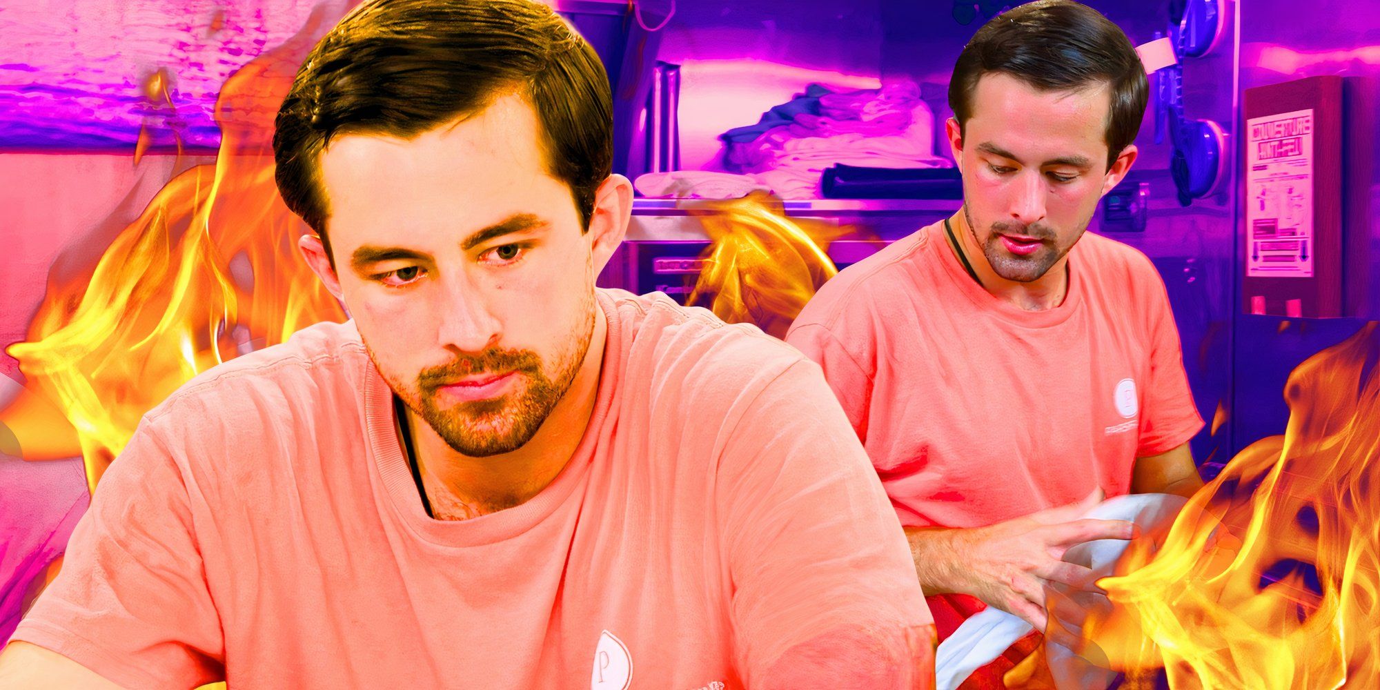 Below Deck Sailing Yacht star Chef Cloyce Martin in montage in peach tops with fiery background