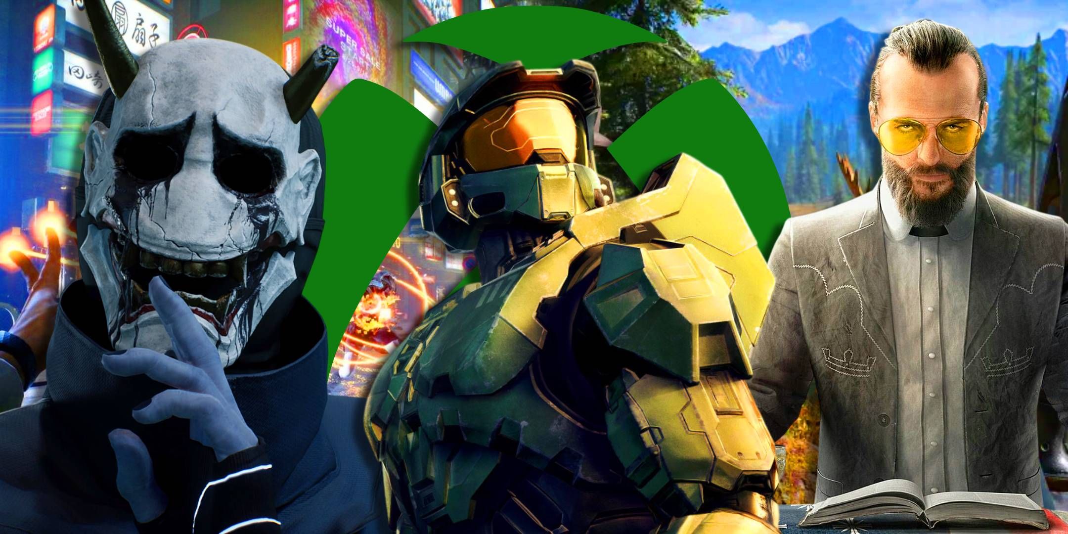 Hannya from Ghostwire: Tokyo next to Master Chief from Halo and Joseph Seed from Far Cry 5 with the Xbox logo behind them.