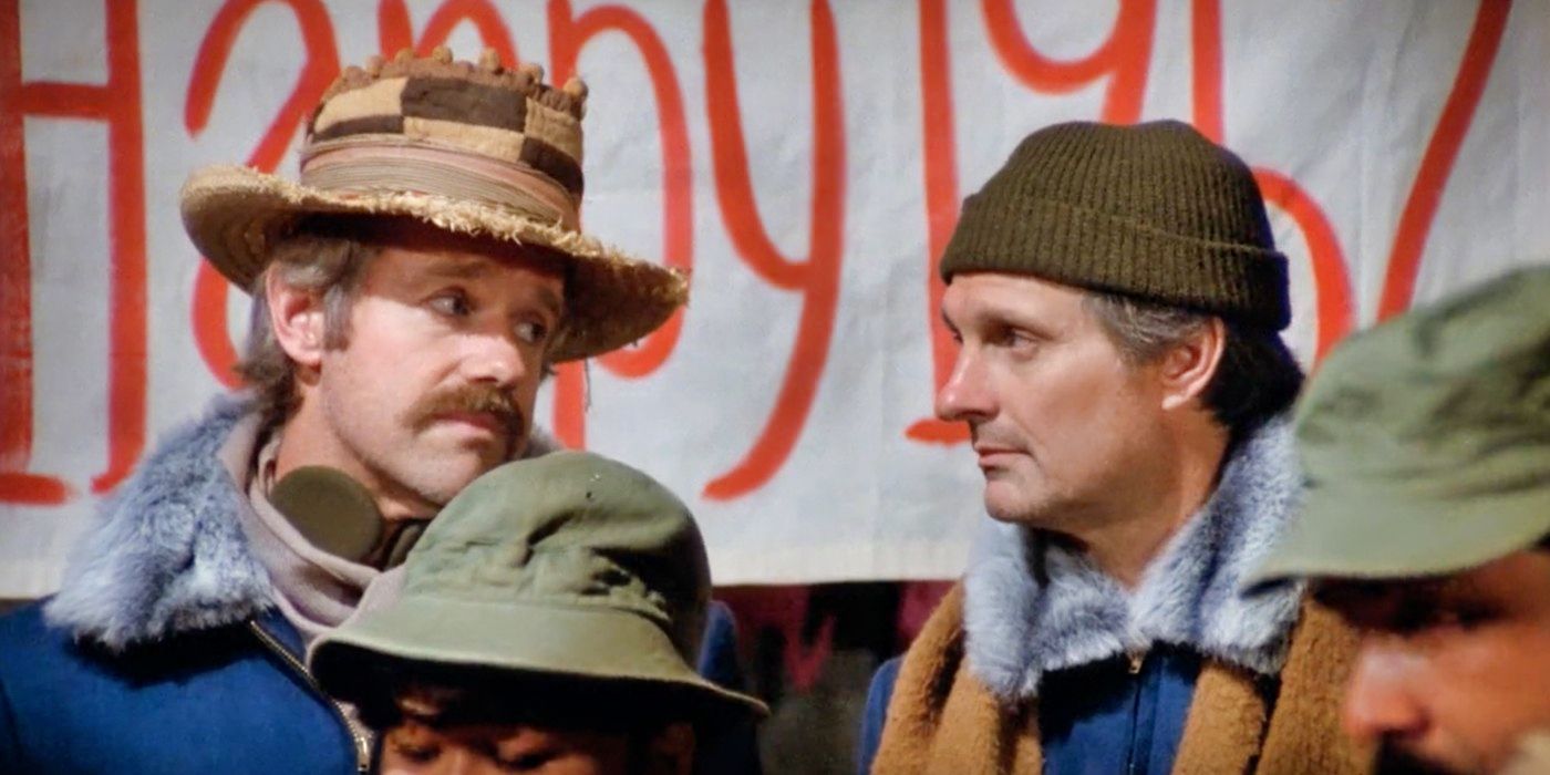 BJ and Hawkeye look sadly at each other in MASH season 9 episode "A War for All Seasons"