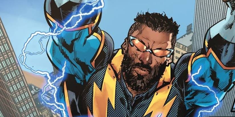 Comic book art: Black Lightning flies upward in Metropolis.