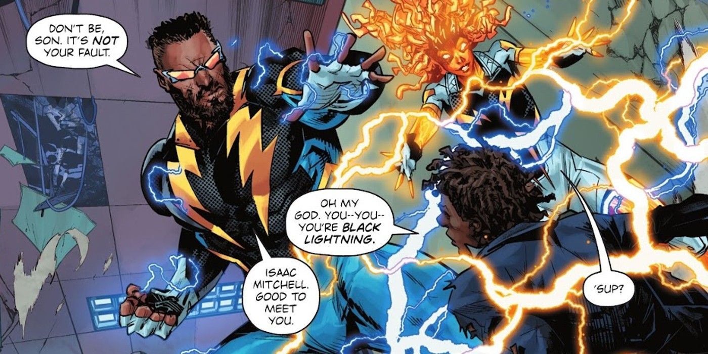 Painel de quadrinhos: Black Lightning se apresenta a Isaac Mitchell ao lado de sua filha de Lightning e Thunder