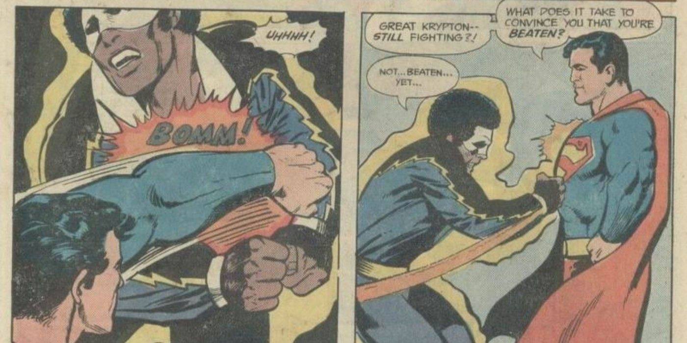 Black Lightning luta para acertar um soco no Superman, mas não desiste