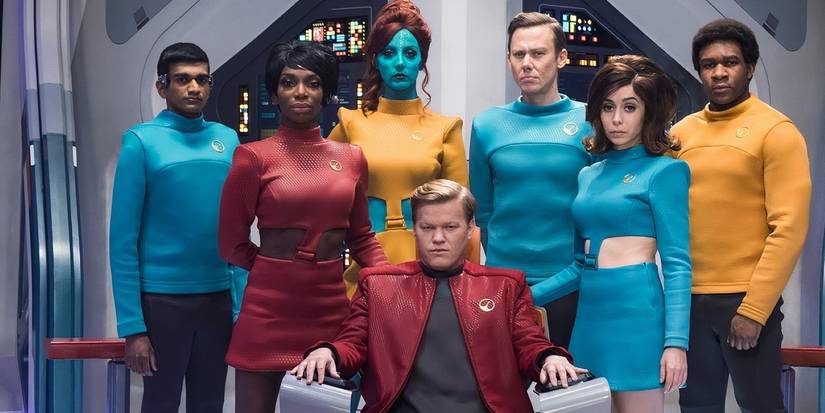 Black Mirror USS Callister episode with the cast stood in Star Trek-esque uniforms