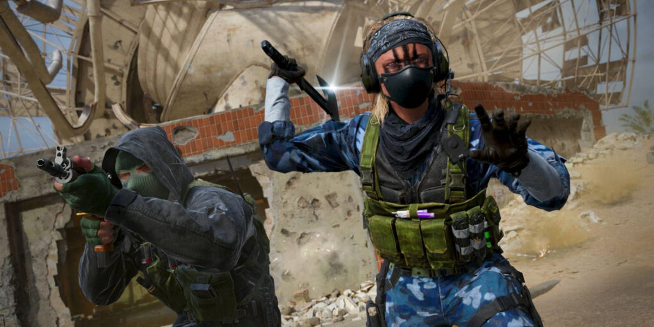 Two operators in Black Ops 6 next to each other with one throwing an axe at approaching enemies.