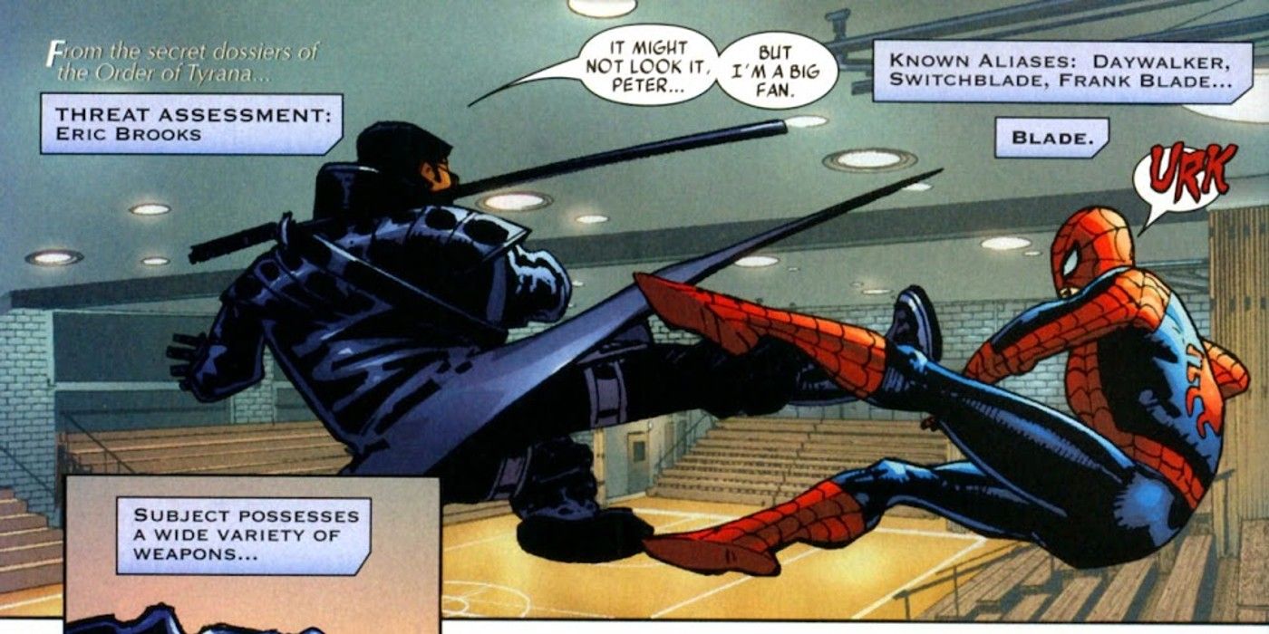 Blade fights a vampire Spider-Man Peter Parker