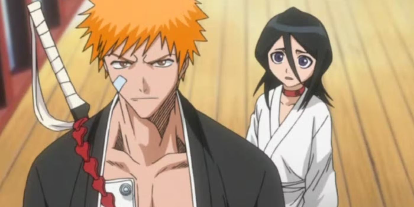 Bleach's Ichigo walks away with a stern face from Rukia, who looks very concerned.