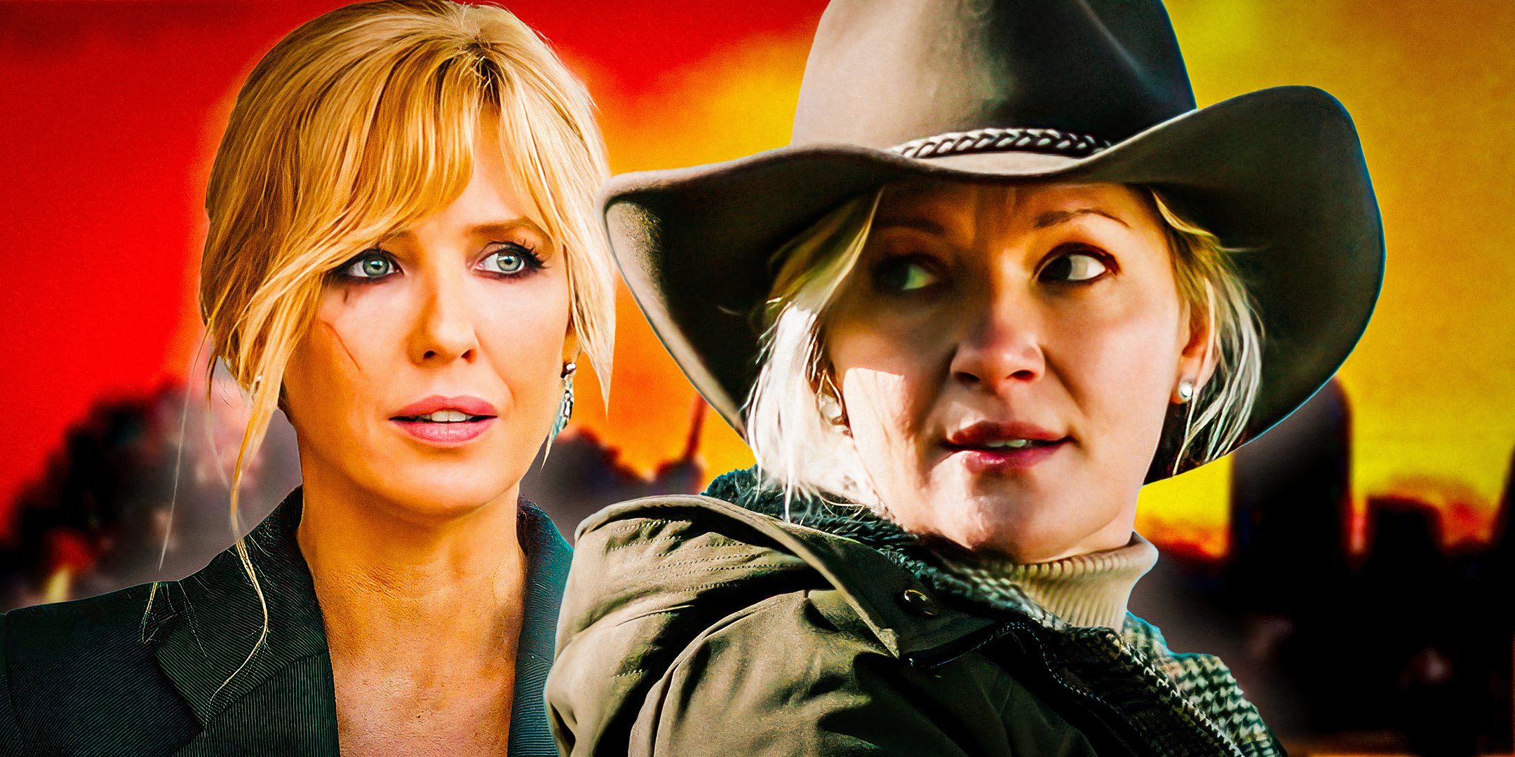 Blended image of Evelyn Dutton (Gretchen Mol) and Beth Dutton (Kelly Reilly) overtop a sunset background in Yellowstone