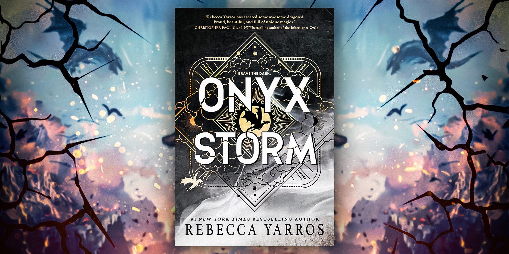 Onyx Storm by Rebecca Yarros book cover, with a cracked glass effect background