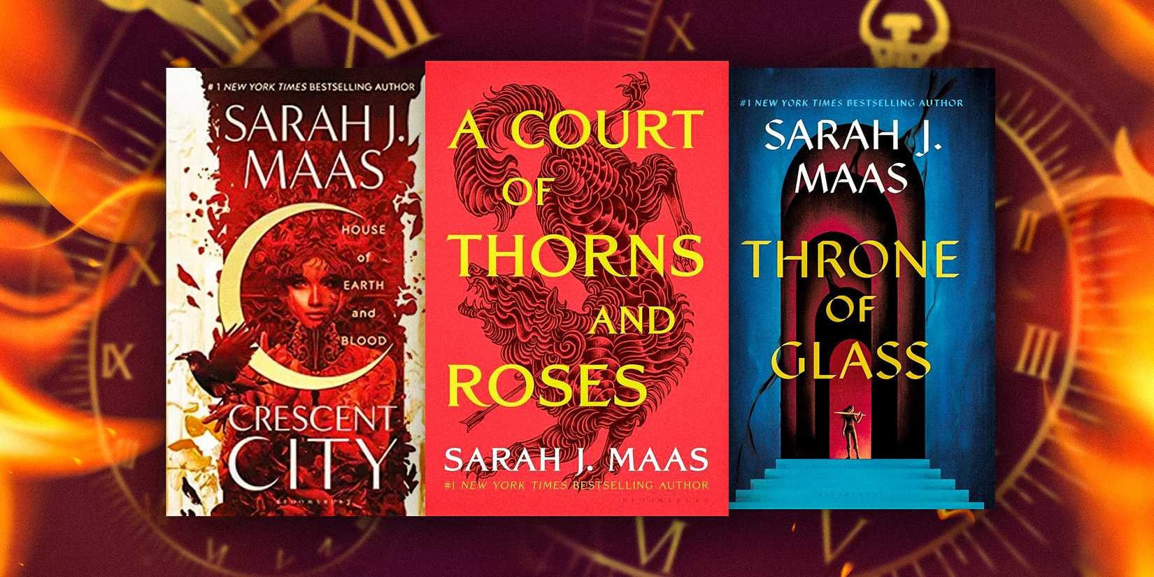The book covers of ACOTAR, Throne Of Glass, And Crescent City with a clock background. 