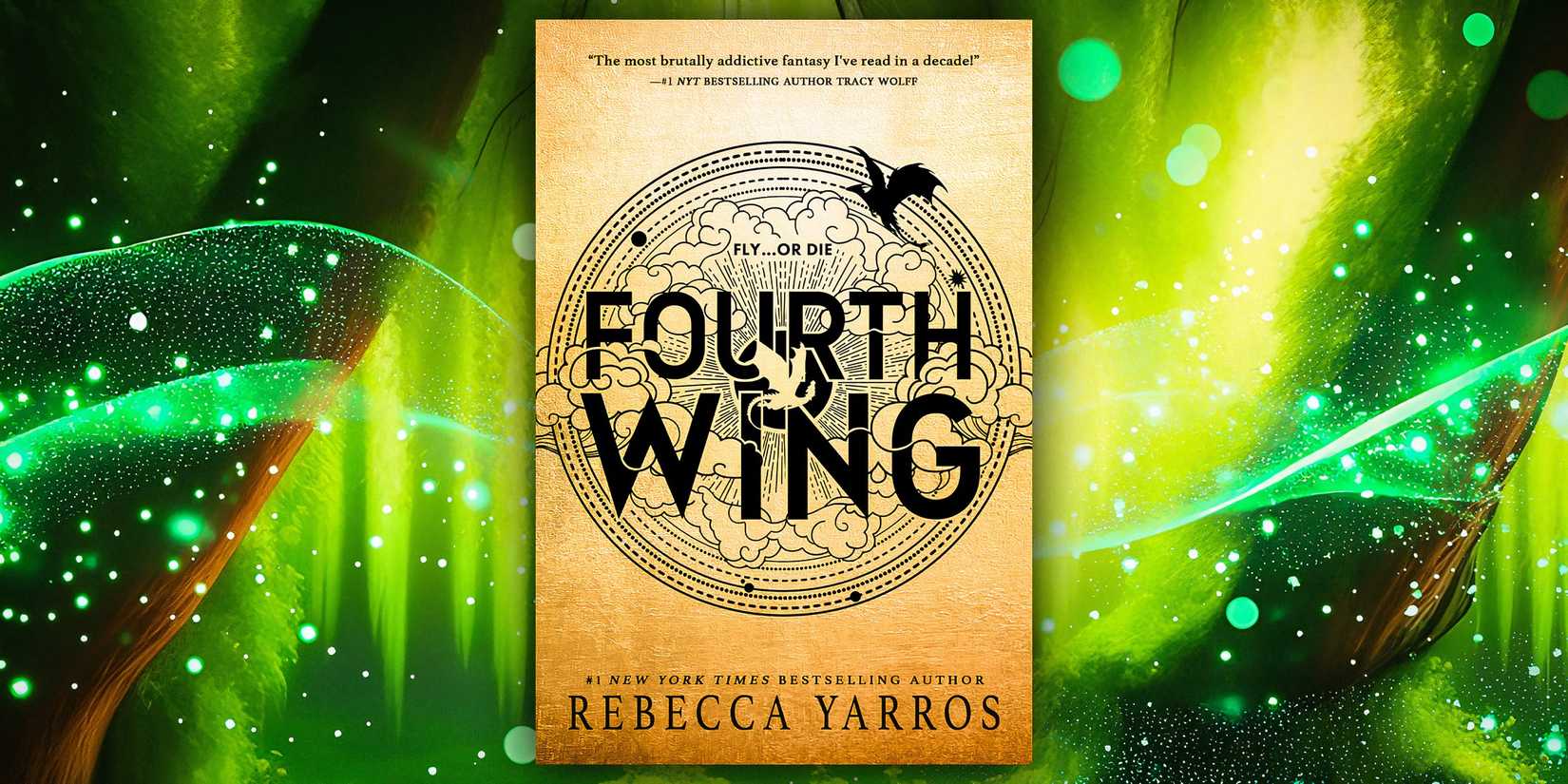 The cover of Fourth Wing with a bright green, light-filled background. 