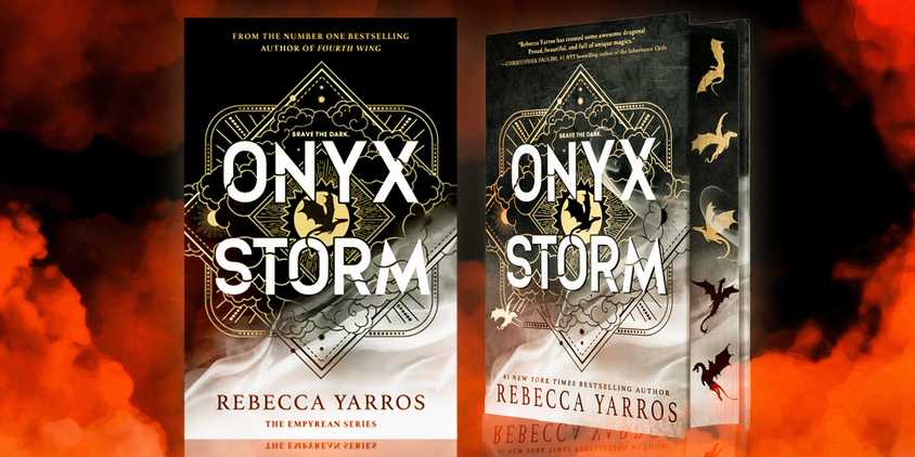 A custom image of the cover of Onyx Storm, both facing forward and sideways to show the sprayed edges, with red mist in the background. 