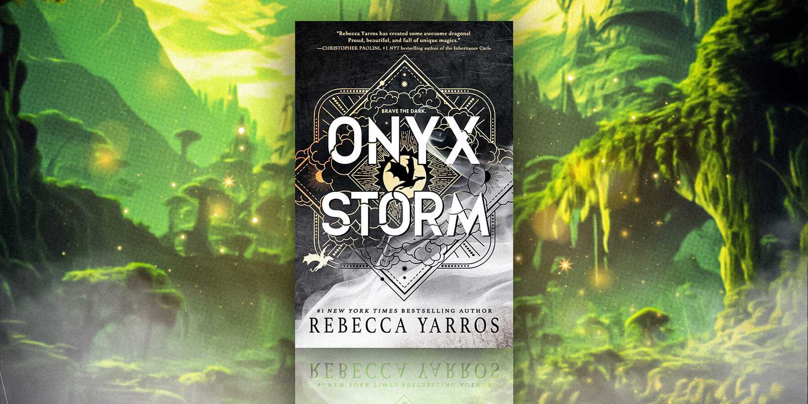 The cover of Onyx Storm by Rebecca Yarros and a green forest background