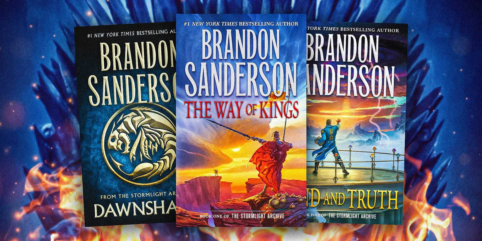The coverrs of Dawnshard, The Way of Kings, and Wind and Truth by Brandon Sanderson with the Iron Throne as the background