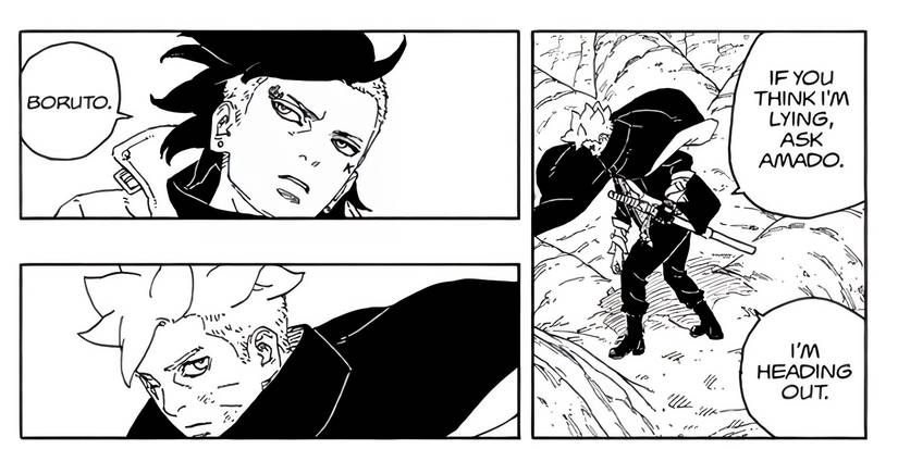 Boruto prompts Kawaki to question Amado about what he is hiding. 