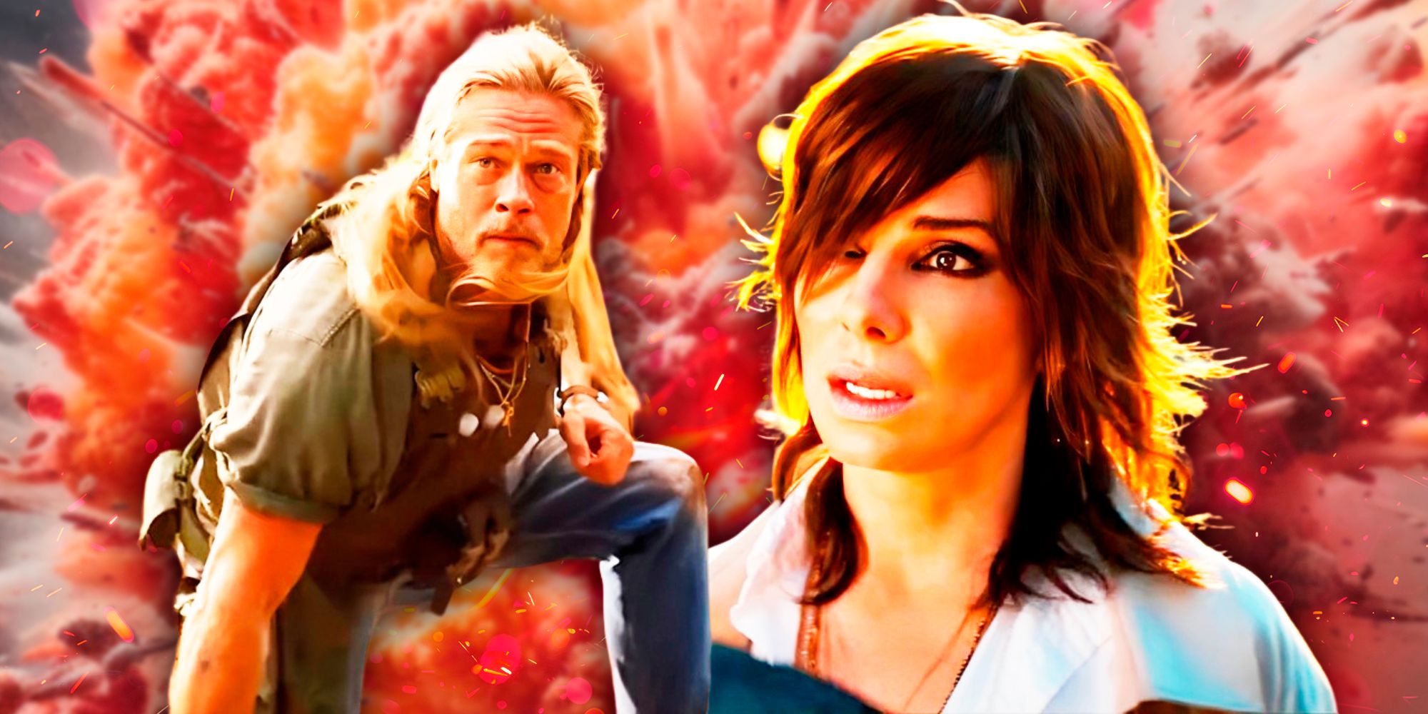 Brad Pitt looking heroic in The Lost City, with Sandra Bullock's Bullet Train cameo