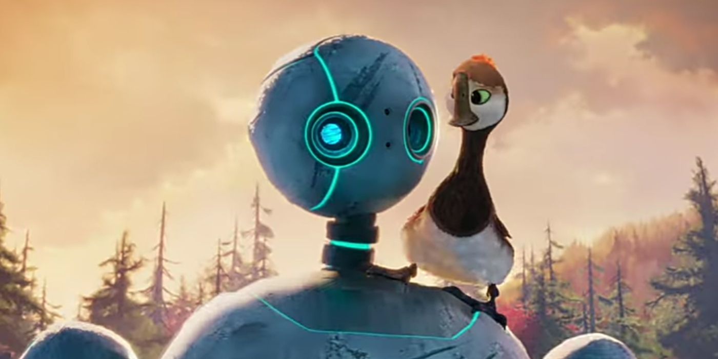 Brightbill on Roz's shoulder in The Wild Robot