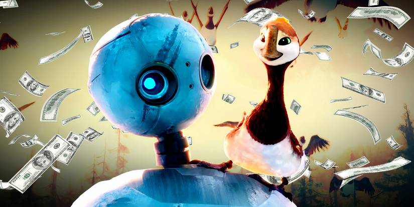 Brightbill and Roz looking at each other in The Wild Robot while money flies in the background
