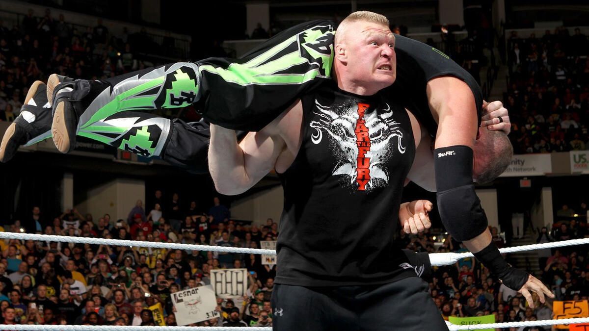 Brock Lesnar hits Road Dogg of the New Age Outlaws with the F5 on WWE Monday Night Raw