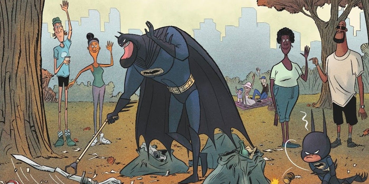 Bruce and Damian Wayne pick up trash in Little Batman Month One #1