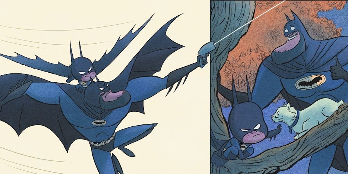 Bruce e Damian Wayne salvam um gato de uma árvore em Little Batman Month One #1