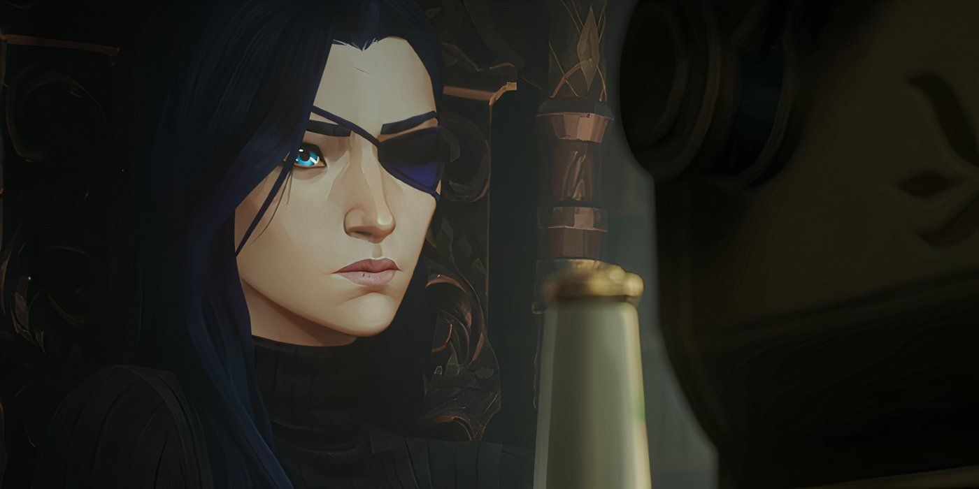 Caitlyn with an eyepatch looking at a computer in Arcane season 2 (2024)