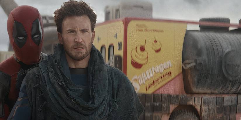 Deadpool and the Human Torch standing in front of the cupcake van from Moon Knight in Deadpool & Wolverine