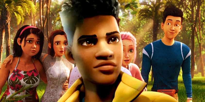 The kids from Jurassic World: Camp Cretaceous in the background and Darius from Jurassic World: Chaos Theory in the foreground